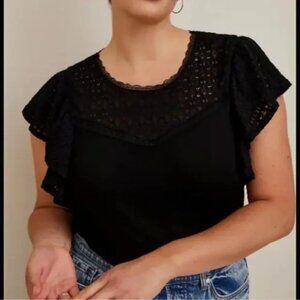 Torrid Super Soft Lace Yoke Ruffle Cup Sleeve Black Top 3X NWT